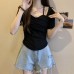 Sweet Style Square Neck Regular Shoulder Short Sleeve Women's Slimming Short Top