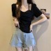 Sweet Style Square Neck Regular Shoulder Short Sleeve Women's Slimming Short Top