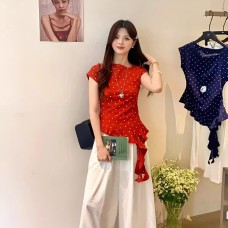 Spicy Girl Summer Loose Slim Irregular Polka Dot Short Sleeve Elegant Top
