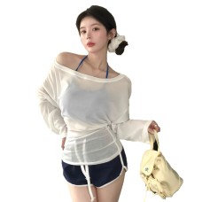 Sheer Off-the-Shoulder Long Sleeve Women's Thin Slim Sunscreen Top Air Conditioning Cover-Up