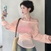 Sheer Off-the-Shoulder Long Sleeve Women's Thin Slim Sunscreen Top Air Conditioning Cover-Up
