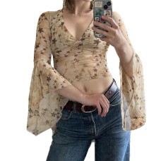 Vintage plant floral print mesh V-neck top