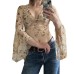 Vintage plant floral print mesh V-neck top