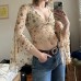 Vintage plant floral print mesh V-neck top