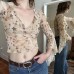 Vintage plant floral print mesh V-neck top