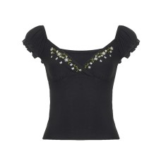 Black low cut V-neck embroidered bubble sleeve top