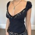Black low cut V-neck embroidered bubble sleeve top Black low cut V-neck embroidered bubble sleeve top