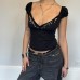 Black low cut V-neck embroidered bubble sleeve top Black low cut V-neck embroidered bubble sleeve top
