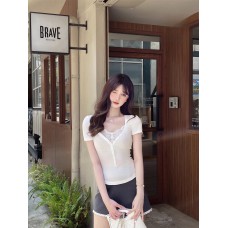 Lace Spliced Short Sleeve Women's T-Shirt V-Neck Fitted Summer Sweet and Spicy Top