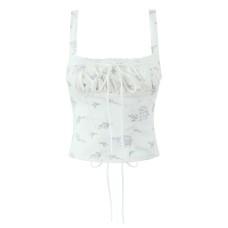 Lace lace slim fit strap waist hanging printed top Lace lace slim fit strap waist hanging printed top
