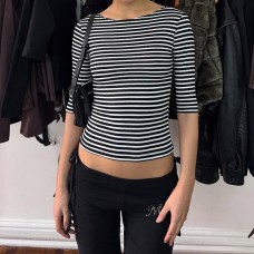 Round neck comfortable striped women's long sleeved shirt
