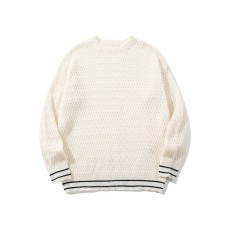 Style Solid Color Round Neck Hollow Knit Sweater Unisex Long Sleeve Loose Fit Casual Pullover