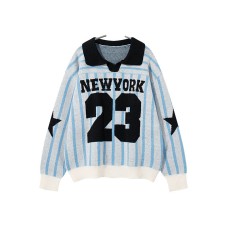 Retro Striped Number Jacquard Sweater Men's Loose Casual Sports Style Jersey Chinese Trend Turn-Down Collar Knitwear