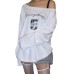 Slanted collar off shoulder long sleeved women's letter printed niche loose top
