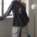 Slanted collar off shoulder long sleeved women's letter printed niche loose top