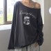 Slanted collar off shoulder long sleeved women's letter printed niche loose top
