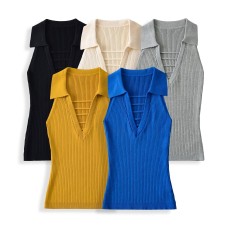 Solid color deep V-neck knitted women