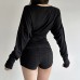 V-neck bead waist cinching pleated slimming casual top