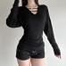 V-neck bead waist cinching pleated slimming casual top