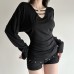 V-neck bead waist cinching pleated slimming casual top