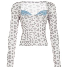Color blocked lace patchwork fake two-piece square neck leopard print short top