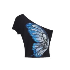 Design Sense Oblique Neck Shoulder-Exposing Butterfly Short T-Shirt Women  Spicy Girl Top