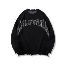 Men's American Style Frayed Letter Knit Sweater Loose Fit Unisex Round Neck Long Sleeve Sweater