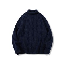 Men's Vintage Solid Color Sweater Loose Jacquard High Neck Long Sleeve Knitwear