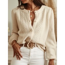 Elegant Solid Color Knitted Cardigan with Crochet Lace Long Sleeve Single Breasted Sweater Jacket for Women Elegant Solid Color Knitted Cardigan with Crochet Lace Long Sleeve Single Breasted Sweater Jacket for Women