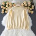 Elegant Solid Color Knitted Cardigan with Crochet Lace Long Sleeve Single Breasted Sweater Jacket for Women
