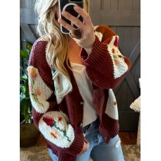 Color Block Floral Jacquard Single-Breasted Casual Knit Sweater Jacket for Women