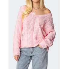 Pure Color Loose Lazy Style V-Neck Cable Knit Sweater Women's Top