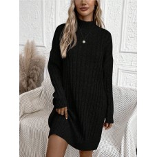 Style Solid Color High Neck Long Sleeve Loose Knit Dress Fitted