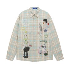 Style Fun Cartoon Print Plaid Long Sleeve Shirt Unisex Loose Fit All-Match Long Sleeve Blouse Jacket
