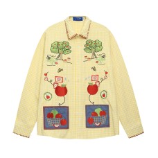 Retro Fun Cartoon Embroidery Contrast Stitching Plaid Long Sleeve Shirt Unisex Loose Fit Versatile Blouse