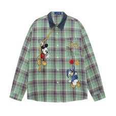 Fun Cartoon Embroidery Denim Splicing Color Block Plaid Long Sleeve Shirt Unisex  Retro Loose Casual Blouse