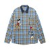 Fun Cartoon Embroidery Denim Splicing Color Block Plaid Long Sleeve Shirt Unisex  Retro Loose Casual Blouse