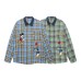 Fun Cartoon Embroidery Denim Splicing Color Block Plaid Long Sleeve Shirt Unisex  Retro Loose Casual Blouse