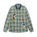 Fun Cartoon Embroidery Denim Splicing Color Block Plaid Long Sleeve Shirt Unisex  Retro Loose Casual Blouse
