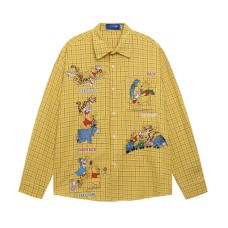 Fun Cartoon Embroidery Plaid Long Sleeve Shirt Unisex Street BF Loose Casual Blouse Trendy