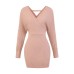 One shoulder V-neck long sleeved elastic knitted dress