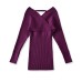 One shoulder V-neck long sleeved elastic knitted dress