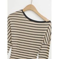 Striped waist cinching elastic slim fit long sleeved T-shirt