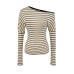 Striped waist cinching elastic slim fit long sleeved T-shirt