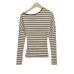 Striped waist cinching elastic slim fit long sleeved T-shirt