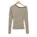 Striped waist cinching elastic slim fit long sleeved T-shirt