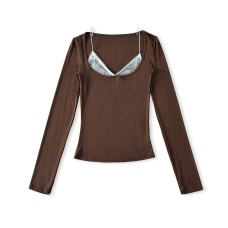 Lace patchwork small suspender long sleeved T-shirt