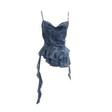 Swing Collar Mesh Printed Strapless Crop Top with Ruffled Ties