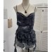 Swing Collar Mesh Printed Strapless Crop Top with Ruffled Ties