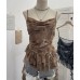 Swing Collar Mesh Printed Strapless Crop Top with Ruffled Ties